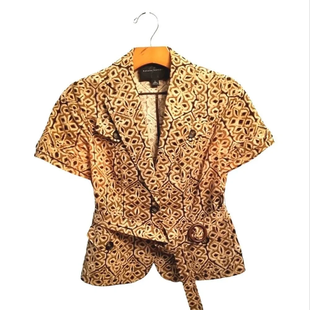 Banana Republic Tan Brown Short Sleeve Safari Print Jacket Size 0   8 374 - Picture 2 of 11
